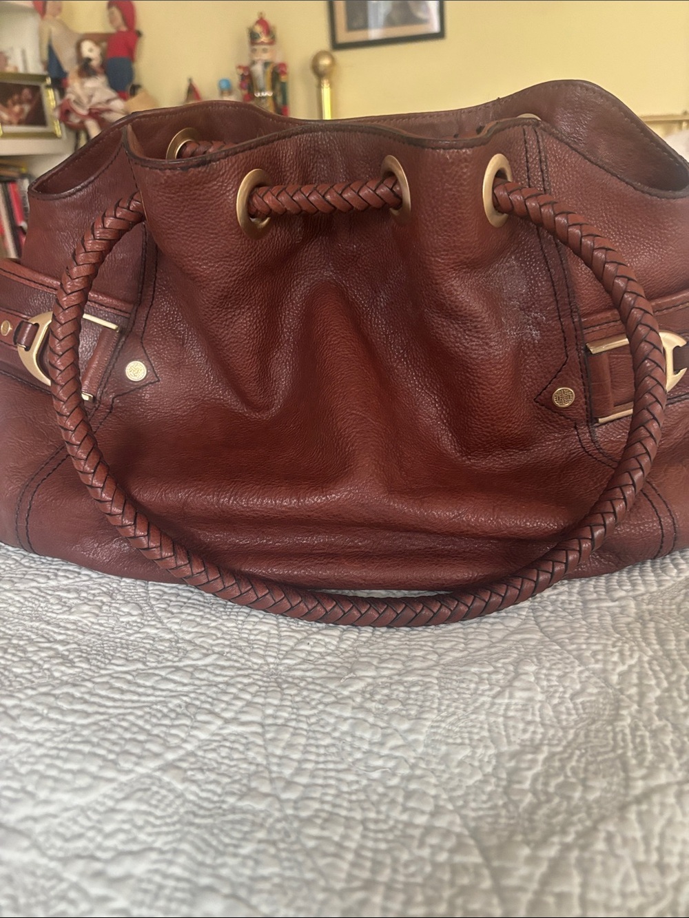 Cole Haan Cognac Braided Leather Drawstring Handled Shoulder Bag